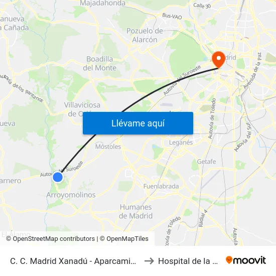 C. C. Madrid Xanadú - Aparcamiento to Hospital de la Vot map