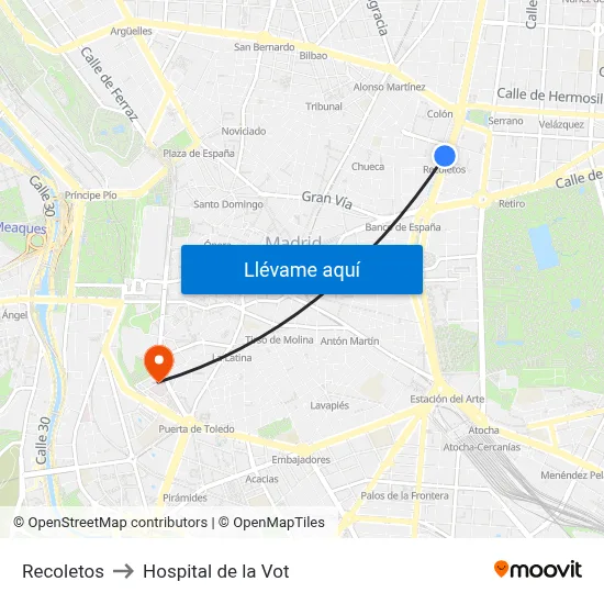 Recoletos to Hospital de la Vot map