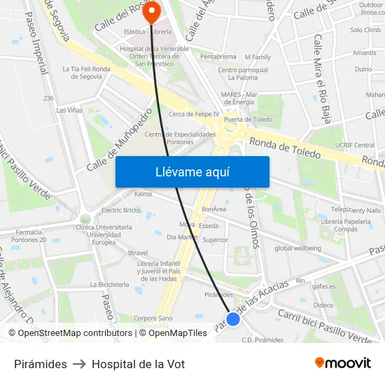 Pirámides to Hospital de la Vot map