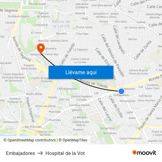 Embajadores to Hospital de la Vot map