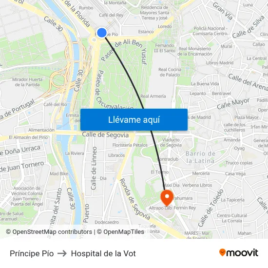 Príncipe Pío to Hospital de la Vot map