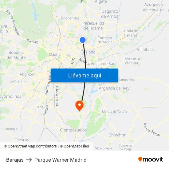 Barajas to Parque Warner Madrid map