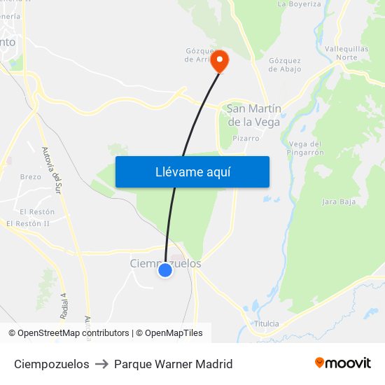 Ciempozuelos to Parque Warner Madrid map