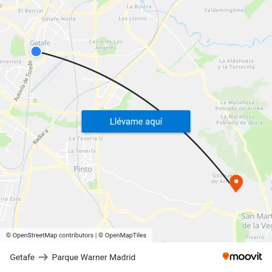 Getafe to Parque Warner Madrid map