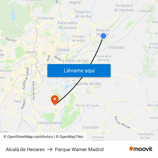 Alcalá de Henares to Parque Warner Madrid map