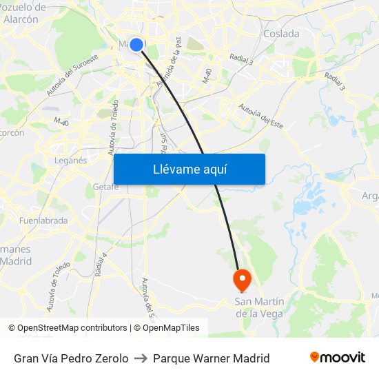 Gran Vía Pedro Zerolo to Parque Warner Madrid map