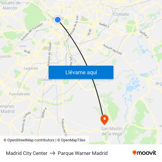 Madrid City Center to Parque Warner Madrid map
