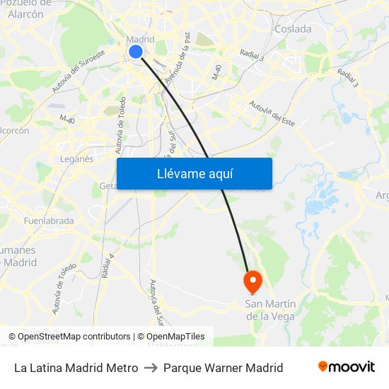 La Latina Madrid Metro to Parque Warner Madrid map