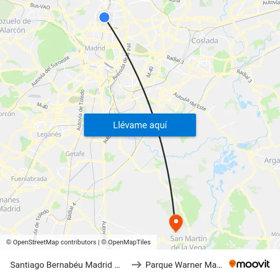 Santiago Bernabéu Madrid Metro to Parque Warner Madrid map
