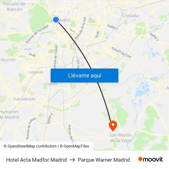 Hotel Acta Madfor Madrid to Parque Warner Madrid map