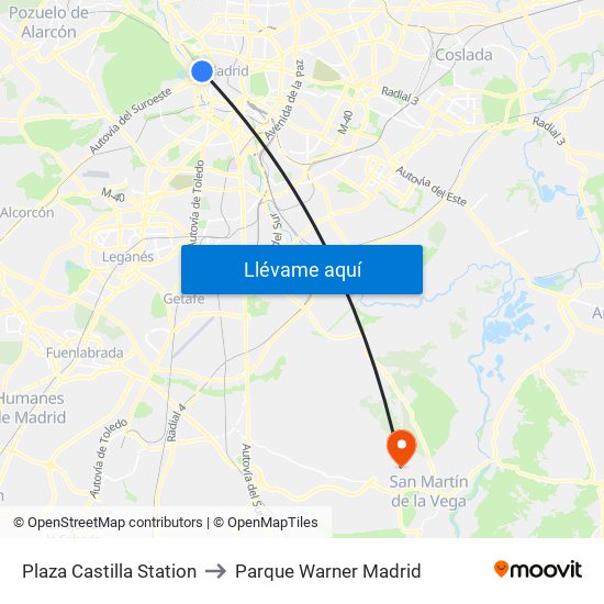 Plaza Castilla Station to Parque Warner Madrid map
