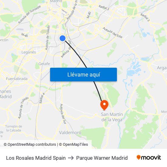 Los Rosales Madrid Spain to Parque Warner Madrid map
