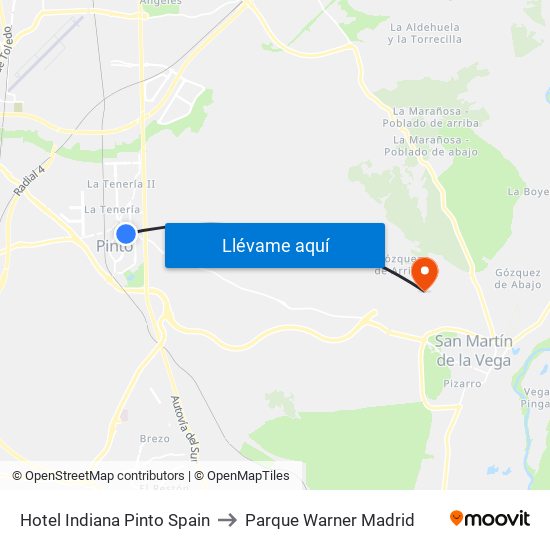 Hotel Indiana Pinto Spain to Parque Warner Madrid map