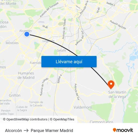 Alcorcón to Parque Warner Madrid map