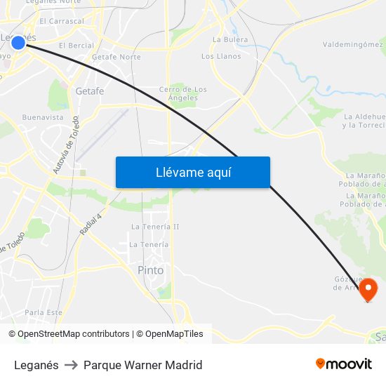 Leganés to Parque Warner Madrid map