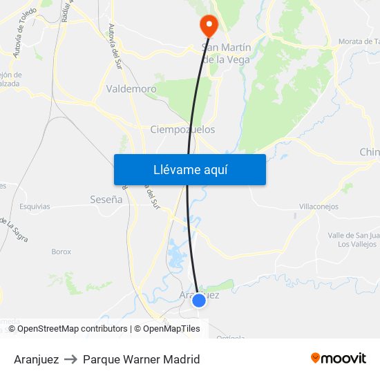 Aranjuez to Parque Warner Madrid map