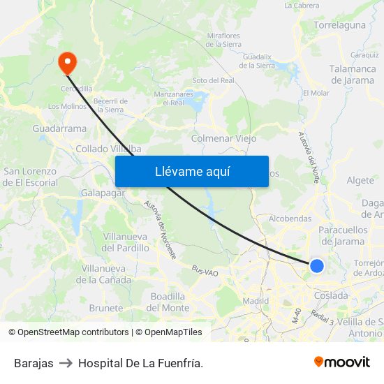 Barajas to Hospital De La Fuenfría. map