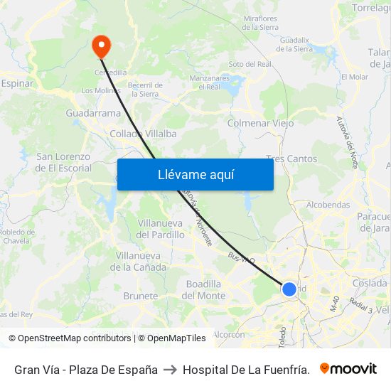 Gran Vía - Plaza De España to Hospital De La Fuenfría. map