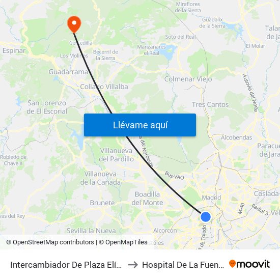 Intercambiador De Plaza Elíptica to Hospital De La Fuenfría. map
