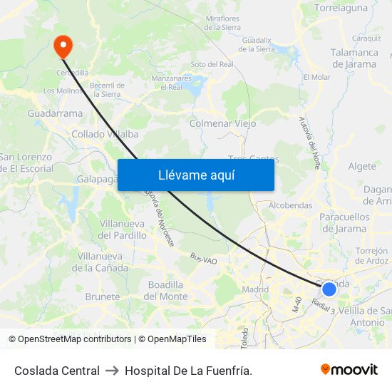 Coslada Central to Hospital De La Fuenfría. map