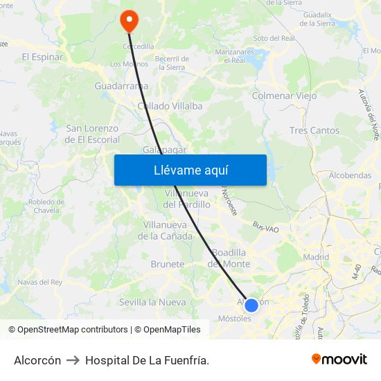Alcorcón to Hospital De La Fuenfría. map