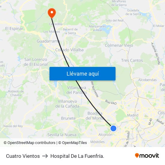 Cuatro Vientos to Hospital De La Fuenfría. map
