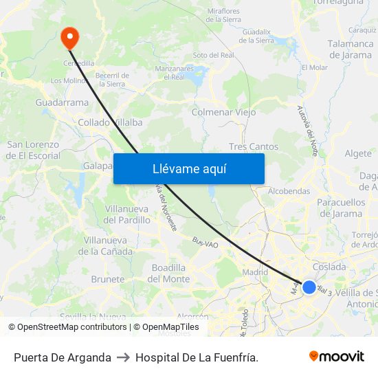 Puerta De Arganda to Hospital De La Fuenfría. map