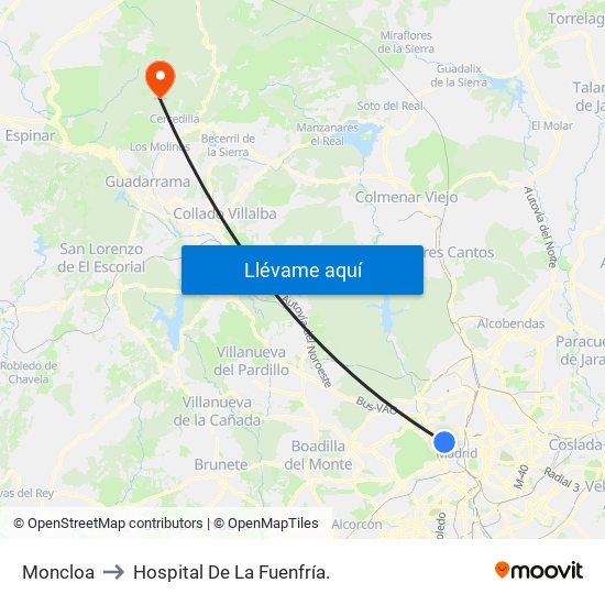 Moncloa to Hospital De La Fuenfría. map