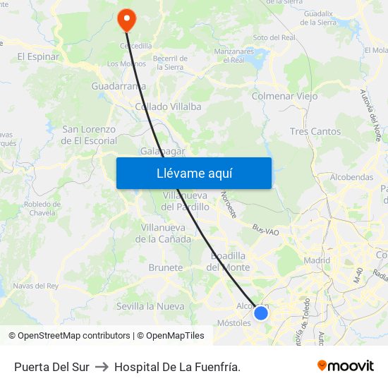 Puerta Del Sur to Hospital De La Fuenfría. map
