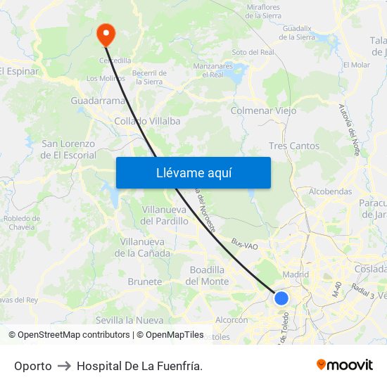 Oporto to Hospital De La Fuenfría. map