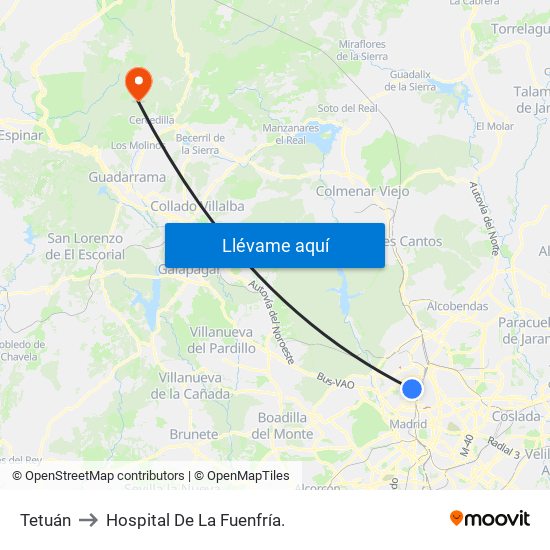 Tetuán to Hospital De La Fuenfría. map