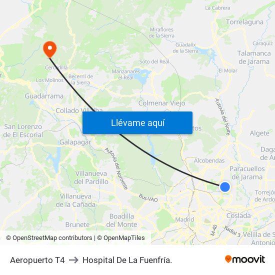 Aeropuerto T4 to Hospital De La Fuenfría. map