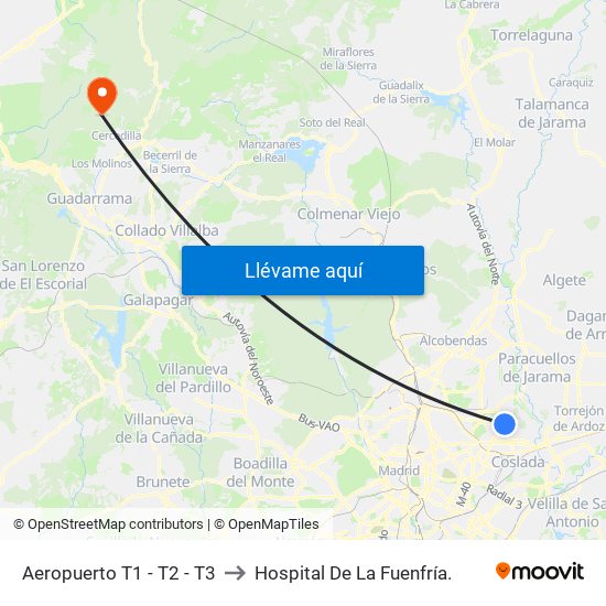 Aeropuerto T1 - T2 - T3 to Hospital De La Fuenfría. map