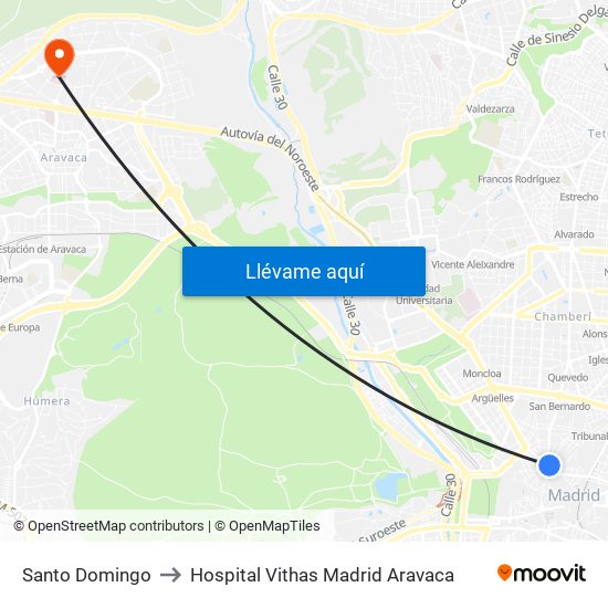 Santo Domingo to Hospital Vithas Madrid Aravaca map