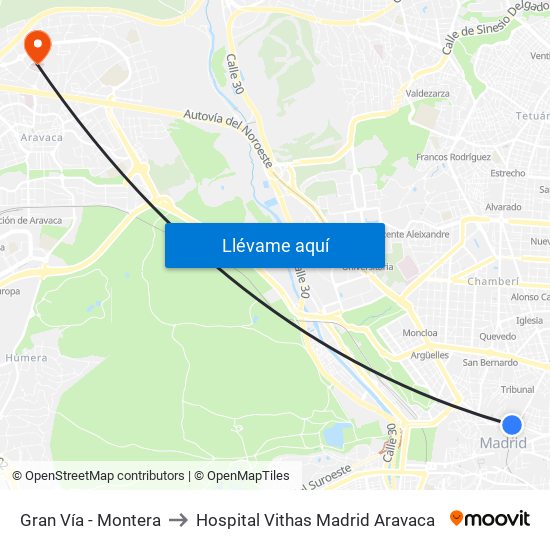 Gran Vía - Montera to Hospital Vithas Madrid Aravaca map