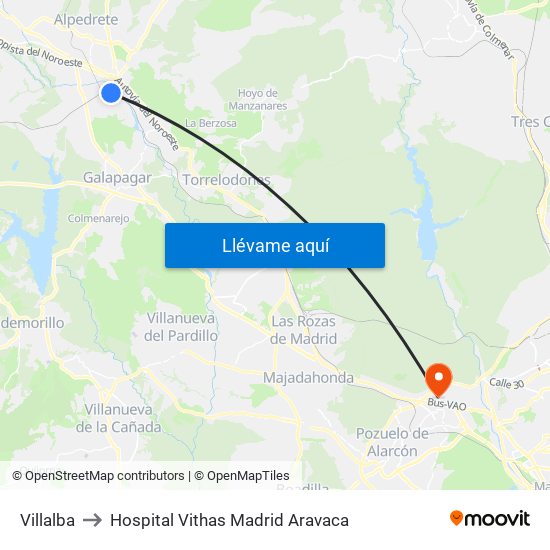 Villalba to Hospital Vithas Madrid Aravaca map