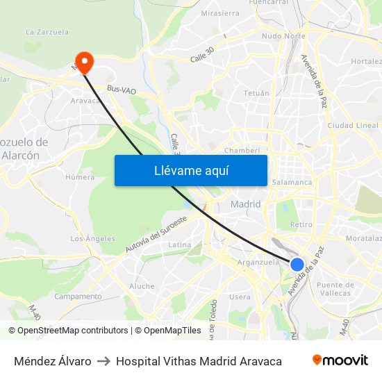 Méndez Álvaro to Hospital Vithas Madrid Aravaca map