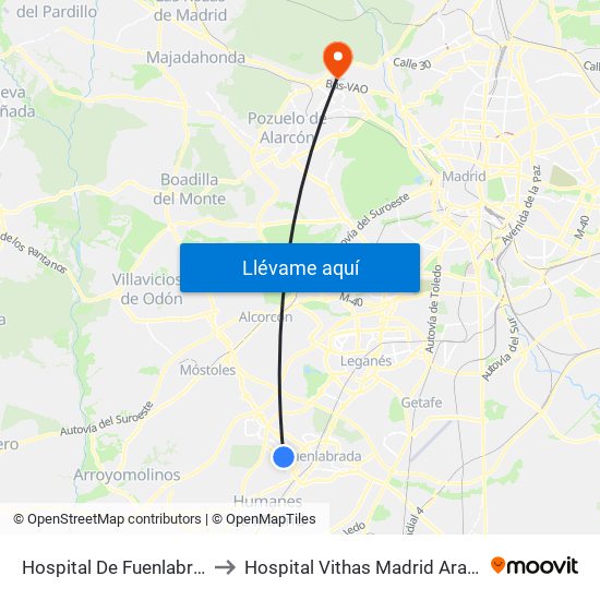 Hospital De Fuenlabrada to Hospital Vithas Madrid Aravaca map