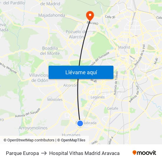 Parque Europa to Hospital Vithas Madrid Aravaca map