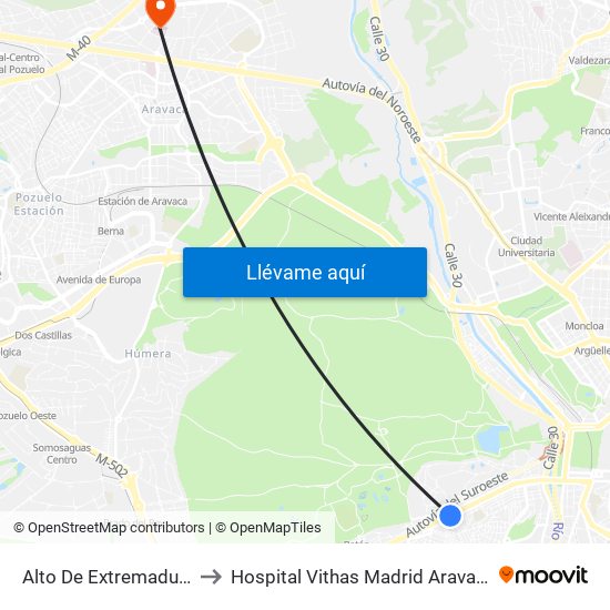 Alto De Extremadura to Hospital Vithas Madrid Aravaca map