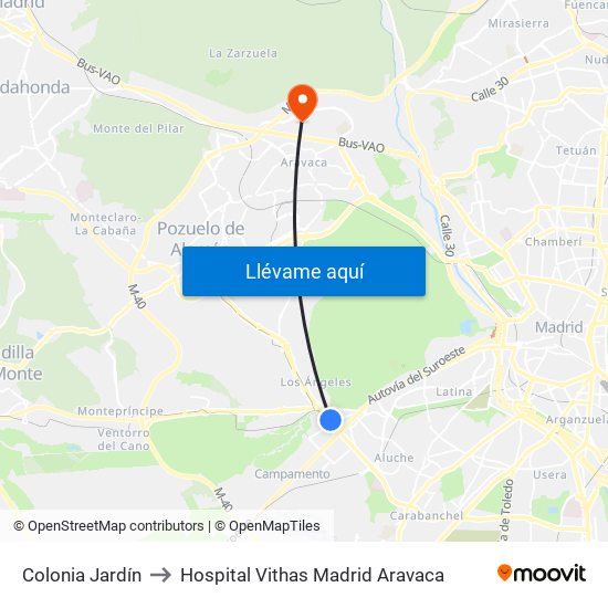 Colonia Jardín to Hospital Vithas Madrid Aravaca map