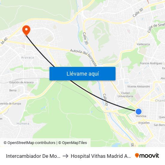 Intercambiador De Moncloa to Hospital Vithas Madrid Aravaca map