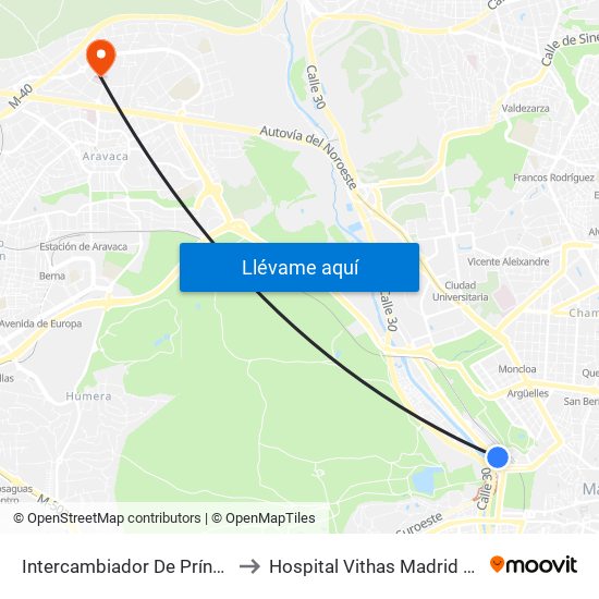 Intercambiador De Príncipe Pío to Hospital Vithas Madrid Aravaca map