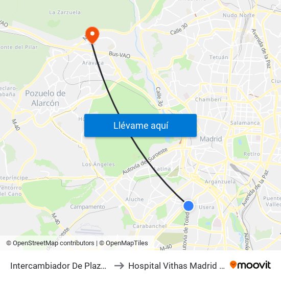 Intercambiador De Plaza Elíptica to Hospital Vithas Madrid Aravaca map