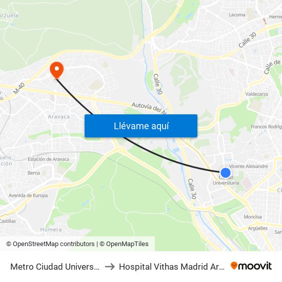 Metro Ciudad Universitaria to Hospital Vithas Madrid Aravaca map