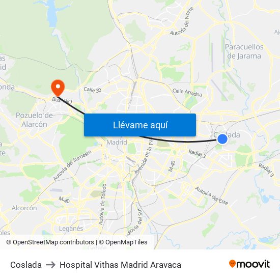 Coslada to Hospital Vithas Madrid Aravaca map