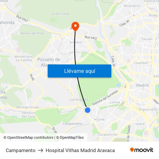 Campamento to Hospital Vithas Madrid Aravaca map