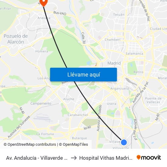 Av. Andalucía - Villaverde Bajo Cruce to Hospital Vithas Madrid Aravaca map