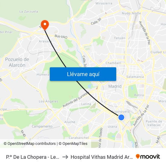 P.º De La Chopera - Legazpi to Hospital Vithas Madrid Aravaca map