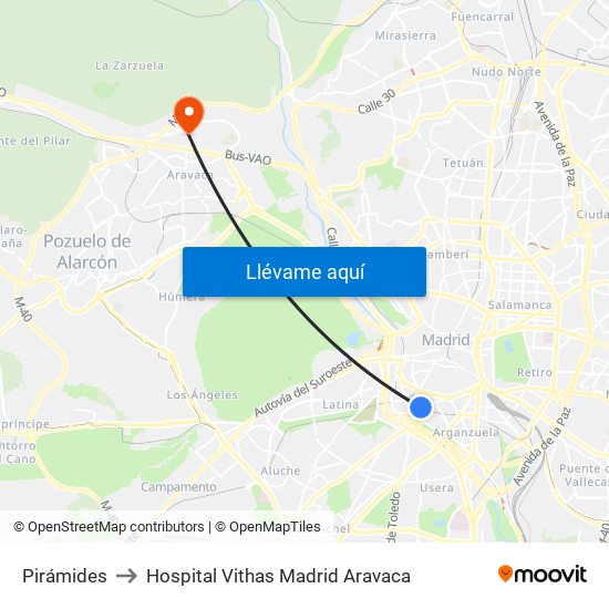 Pirámides to Hospital Vithas Madrid Aravaca map